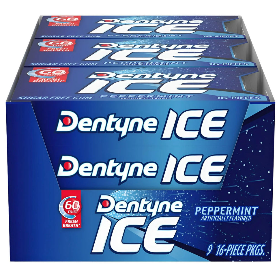 Dentyne Ice Peppermint gum pack with 16 pieces for fresh breath on the go.