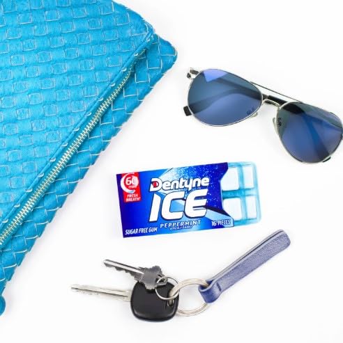 Open pack reveals several Dentyne Ice Peppermint pieces.