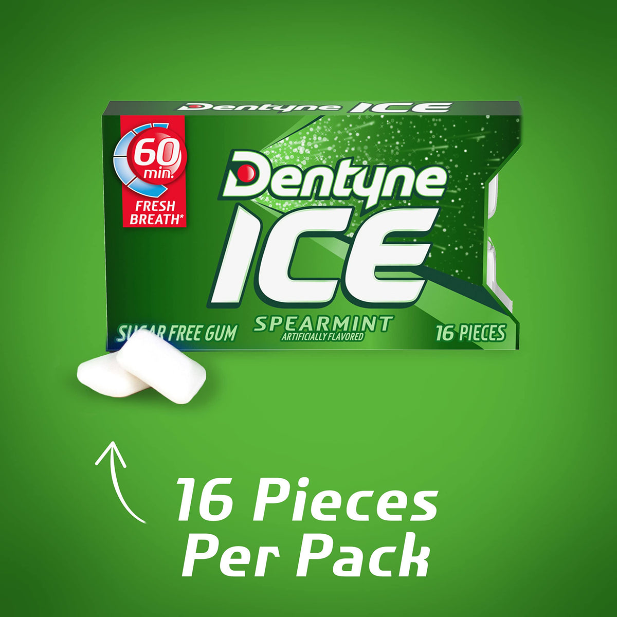 Dentyne Ice Spearmint Sugar-Free Gum 16-piece closeup for fresh breath on the go.