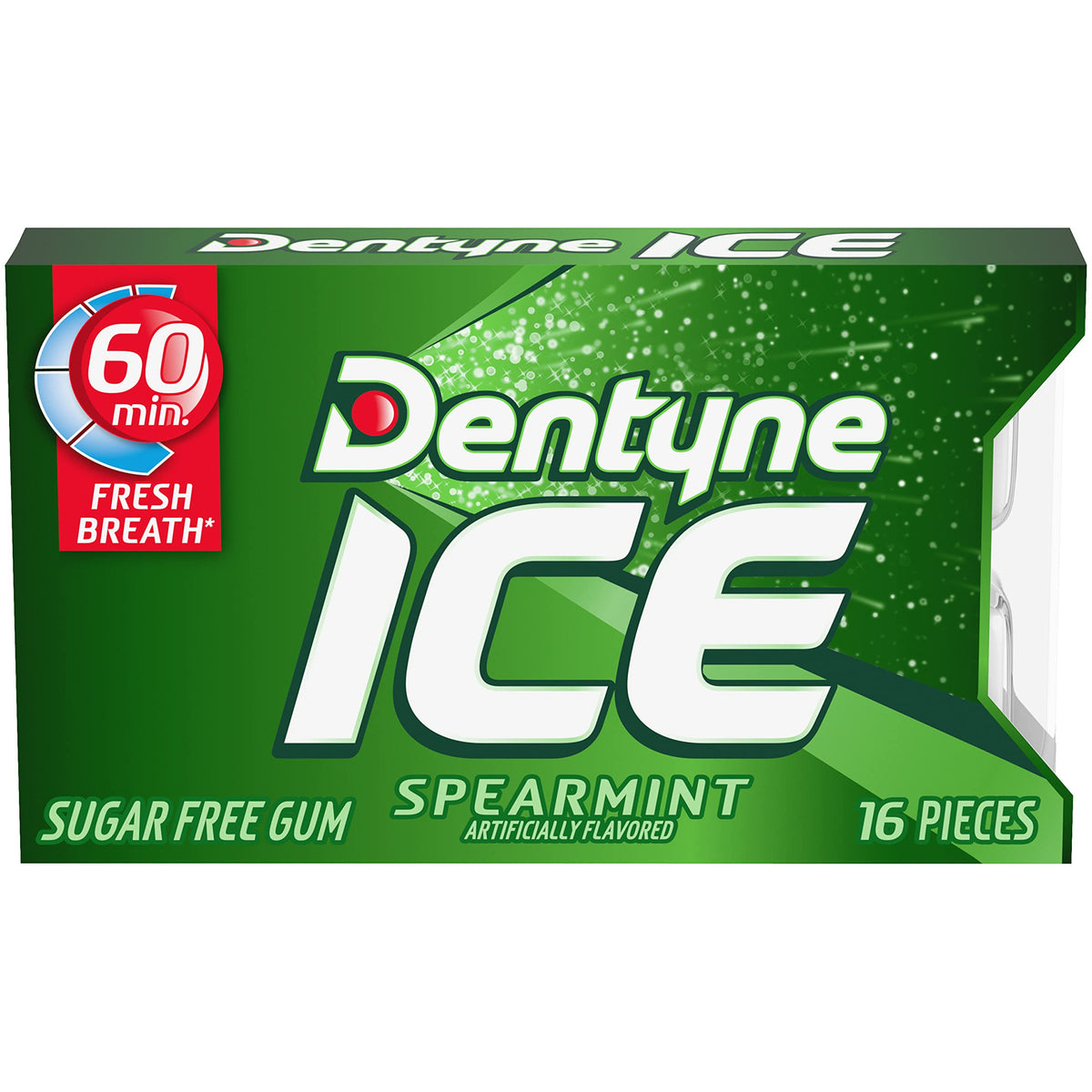 Dentyne Ice Spearmint Sugar-Free Gum box back view with sugar-free benefits.