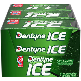 Dentyne Ice Spearmint Sugar-Free Gum box front view for quick breath refreshers.