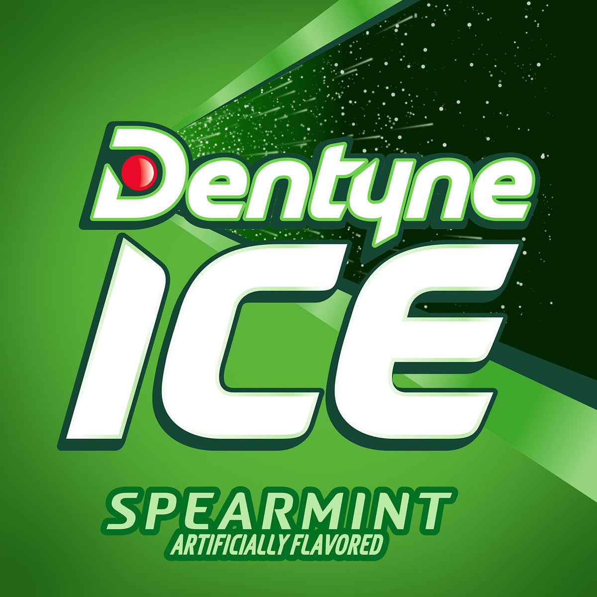 Dentyne Ice Spearmint Sugar-Free Gum label highlighting sugar-free and flavor.
