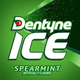 Dentyne Ice Spearmint Sugar-Free Gum label highlighting sugar-free and flavor.