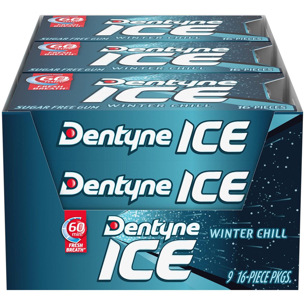 Dentyne Ice Winter Chill gum pack on display showing the nine-pack bundle for quick refresh
