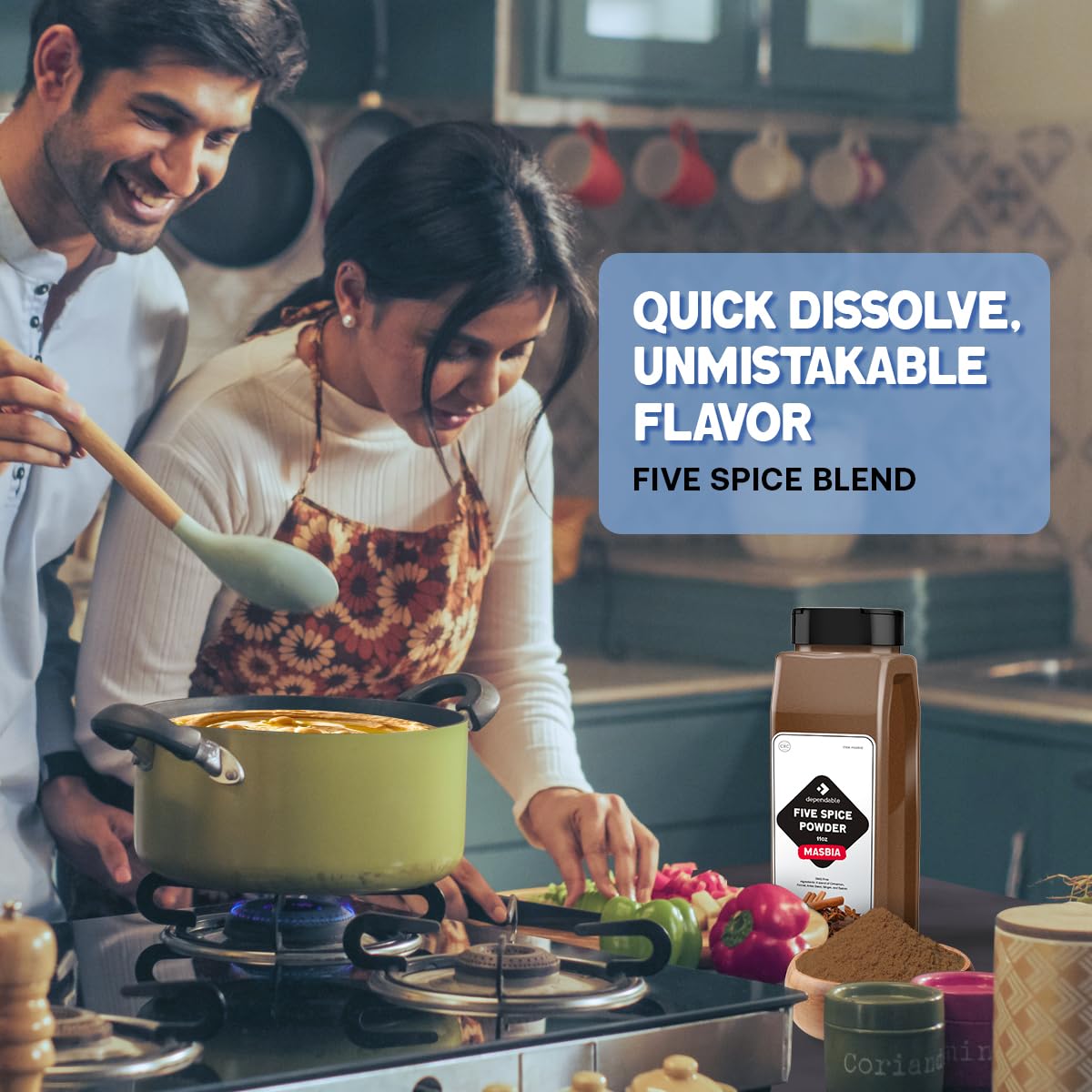 Pouch front label of Dependable Food Chinese Five Spice Blend showcases natural ingredients.