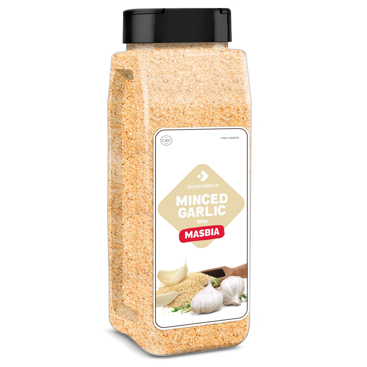 Dependable Foods Minced Garlic jar 18oz with clear kosher, non-GMO label for quality.