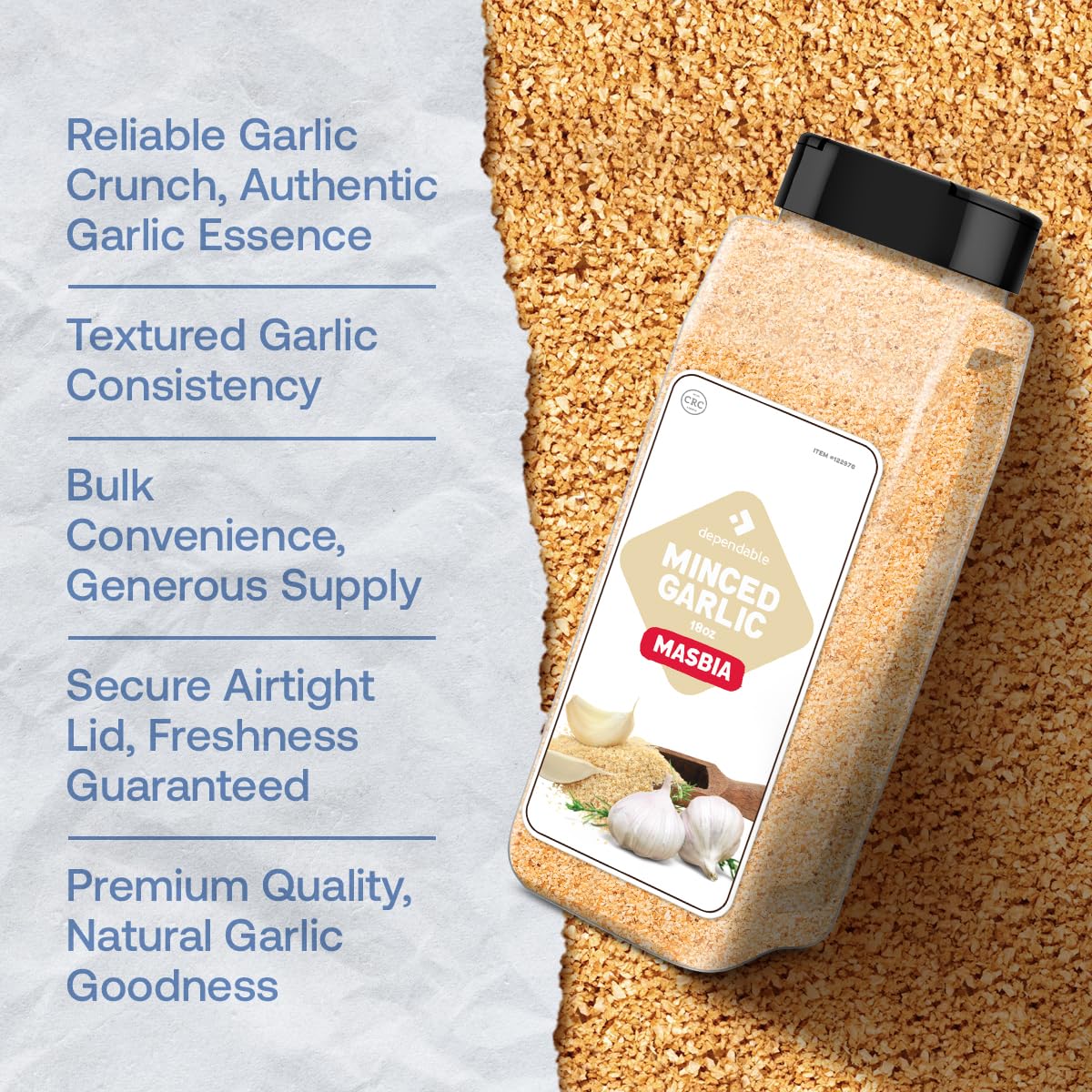 Dependable Foods Minced Garlic label detail with kosher and non-GMO marks.