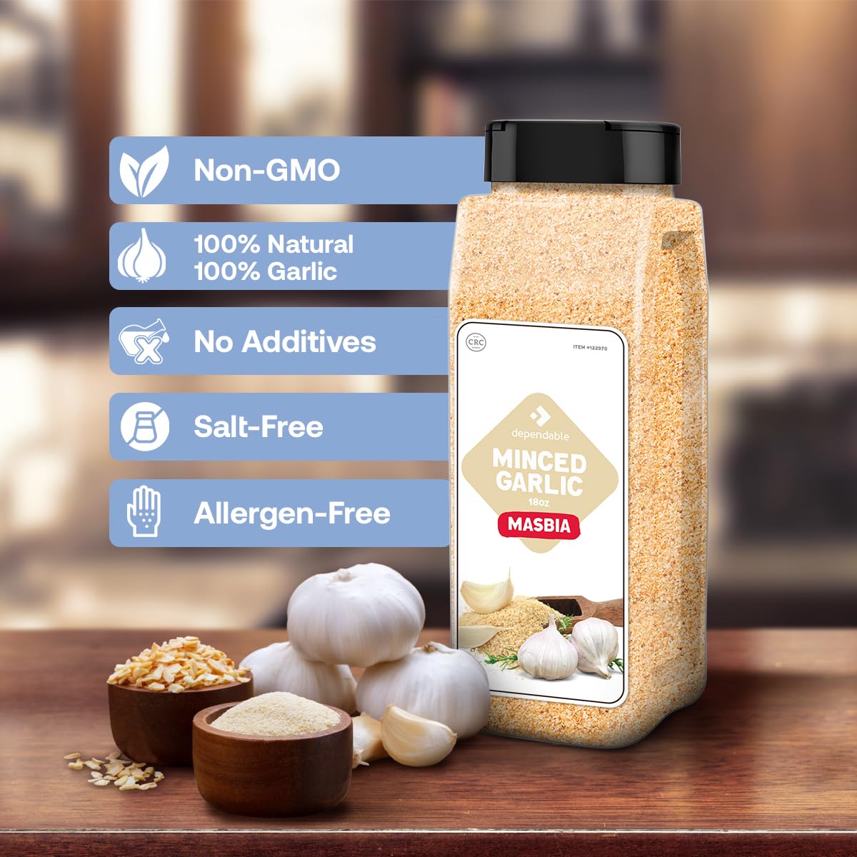 Dependable Foods garlic flakes close-up highlights 100% natural, non-GMO ingredients.