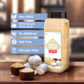 Dependable Foods garlic flakes close-up highlights 100% natural, non-GMO ingredients.