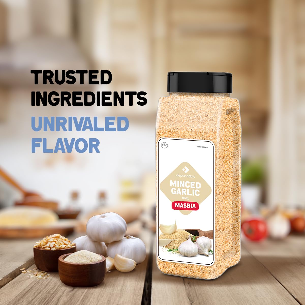 Dependable Foods Minced Garlic jar with pour spout enables easy, mess-free seasoning.