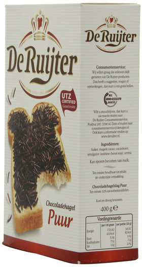 Deruyter Chocoadehagel Puur on bread with butter – ideal quick breakfast topping.