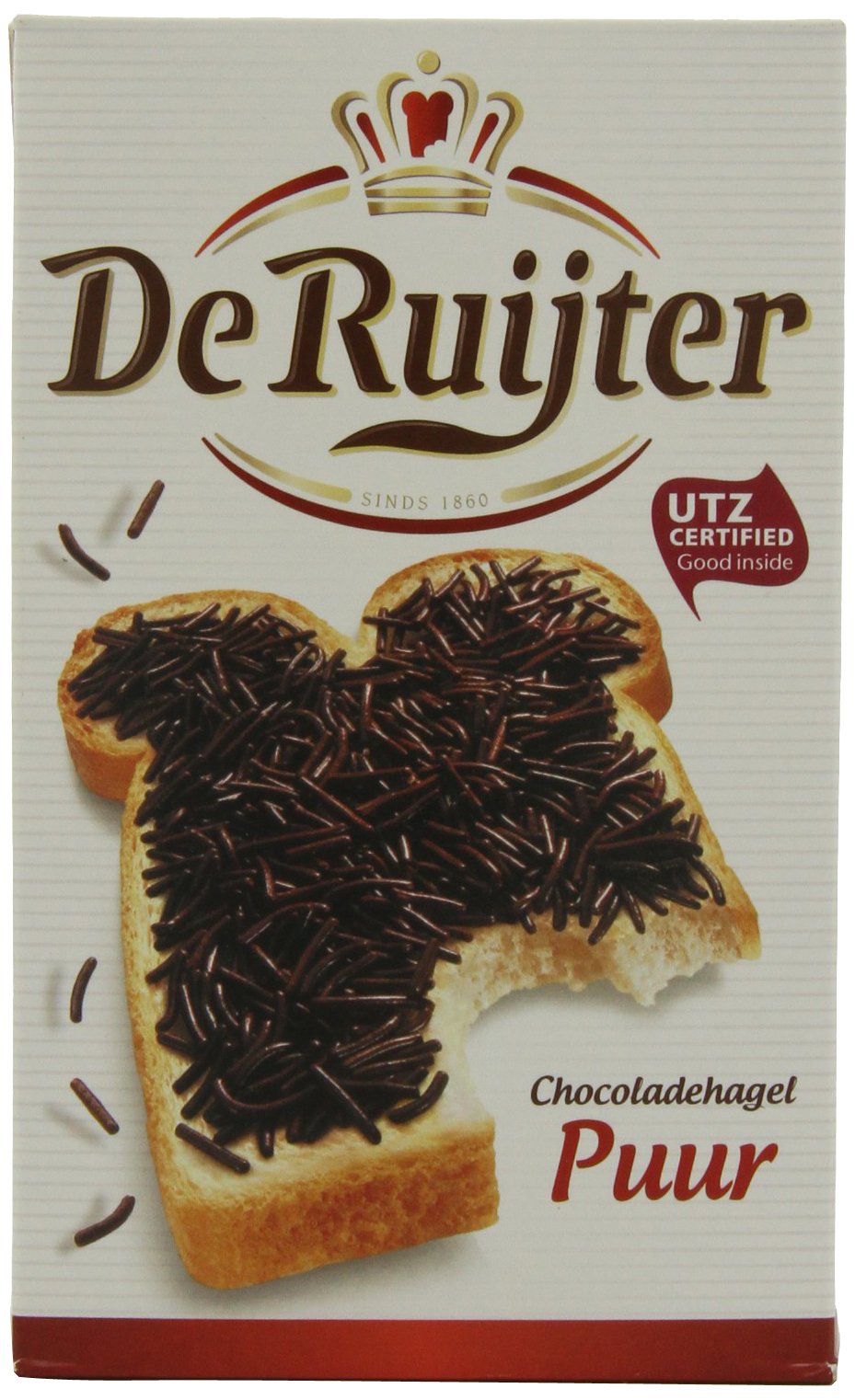 De Ruijter Deruyter Chocoadehagel Puur front of boxes – rich Dutch dark chocolate sprinkles for topping.