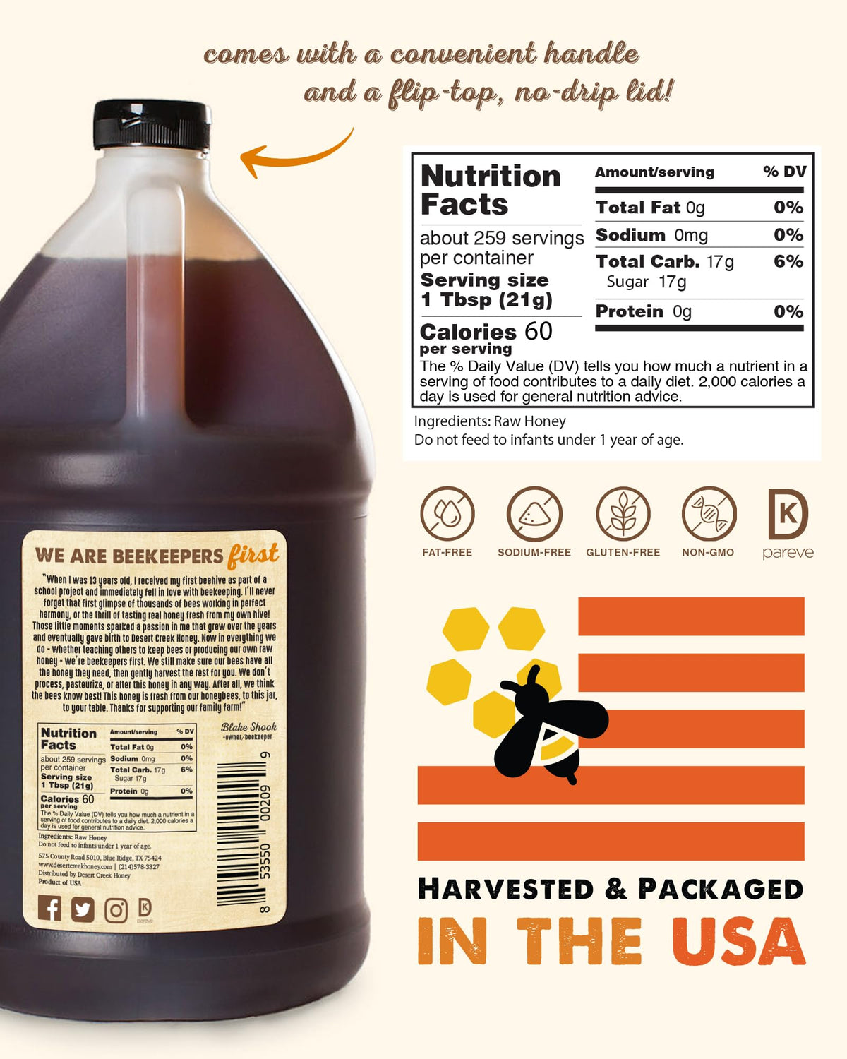 Desert Creek Honey raw unfiltered Texas honey preserves natural pollen and enzymes.