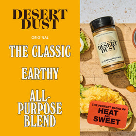 Desert Dust dry rub steak scene shows bold crust and depth.