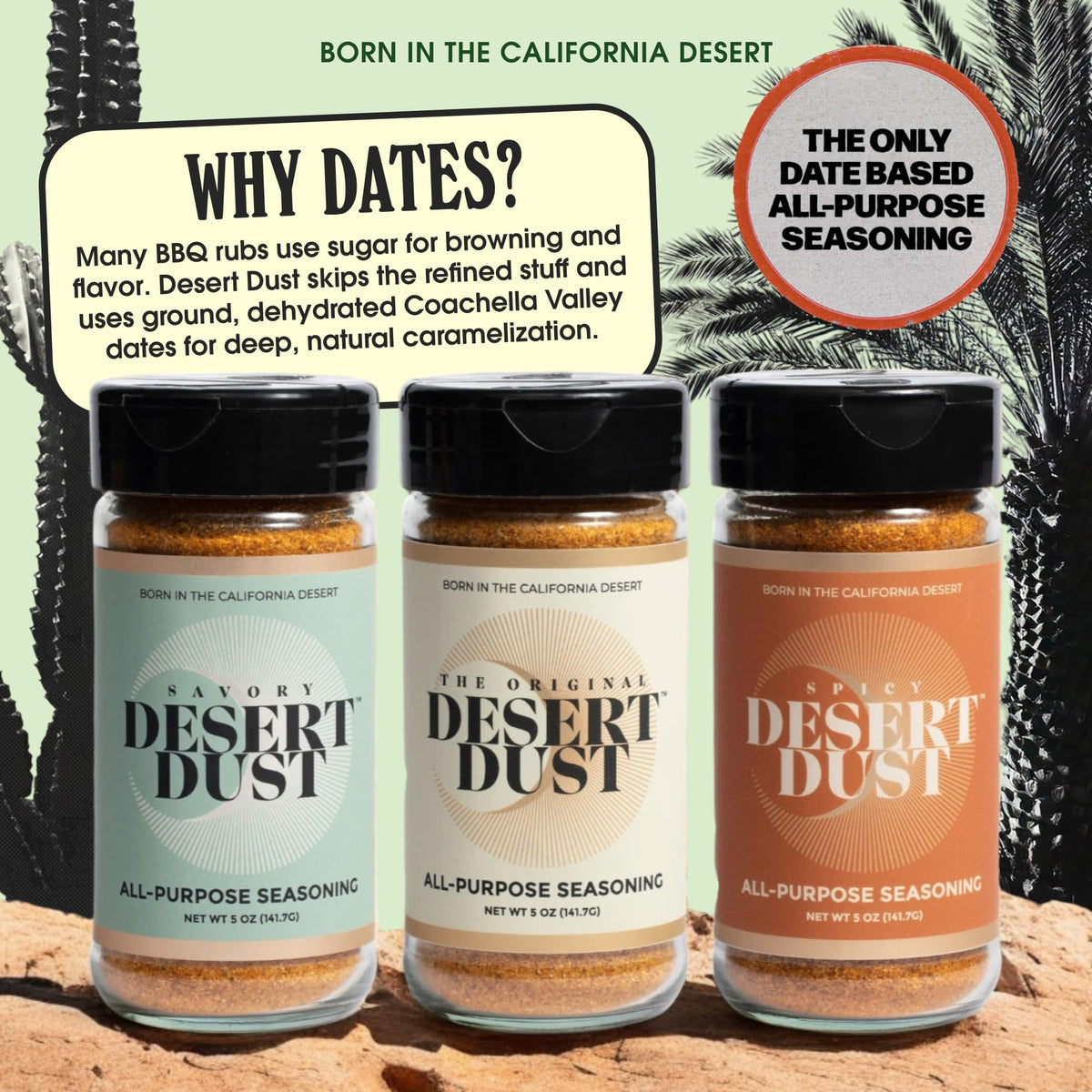 Seasoning dust pour highlights date sugar sweetness for balanced flavor.