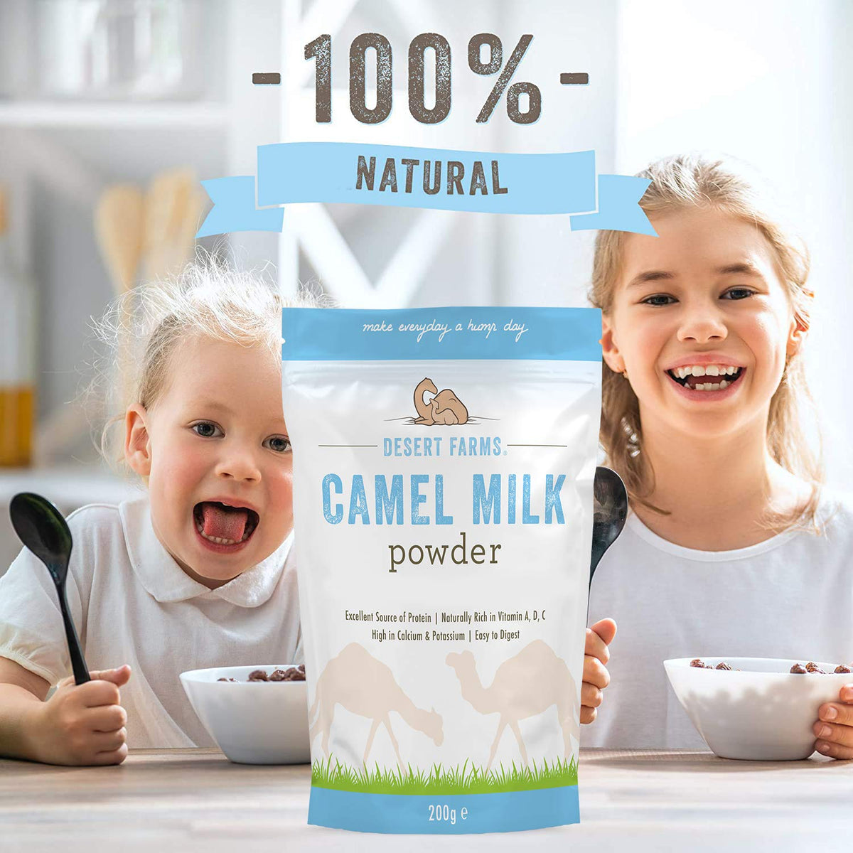 Desert Farms camel milk powder mixed into a smoothie for quick nutrition