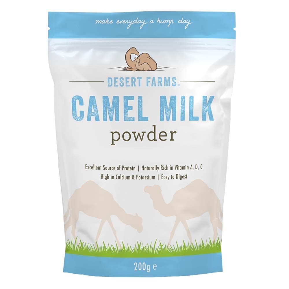 Desert Farms camel milk powder package front showing paleo-keto certification