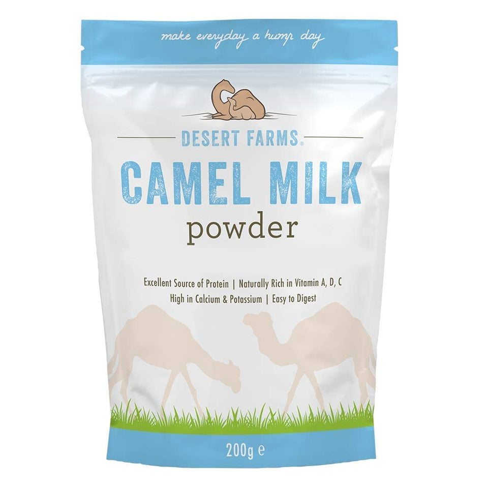 Desert Farms camel milk powder package front showing paleo-keto certification