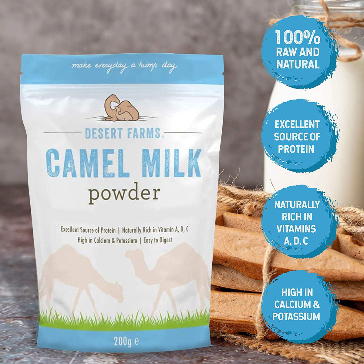 Desert Farms camel milk powder being poured into a glass for a creamy beverage