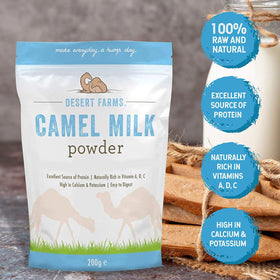 Desert Farms camel milk powder being poured into a glass for a creamy beverage