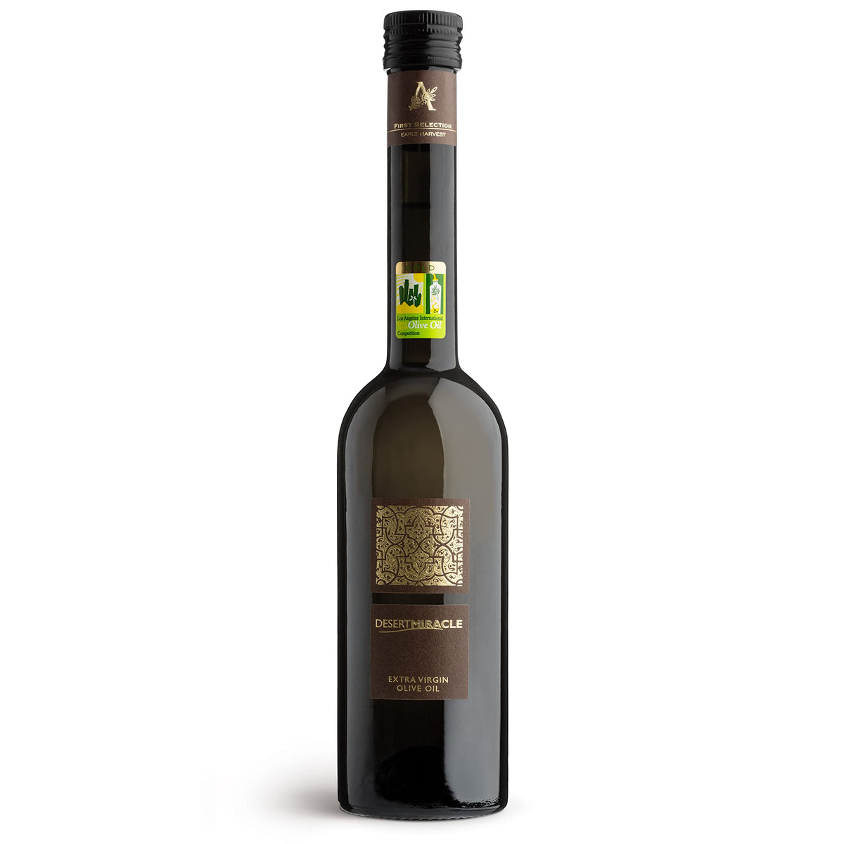 DesertMiracle olive oil bottle exterior, premium polyphenol-rich EVOO for gourmet cooking.