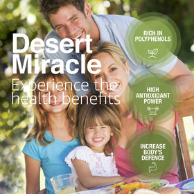 DesertMiracle label close-up highlighting organic, first cold-pressed quality.