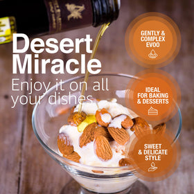 DesertMiracle tasting dish with olive oil drizzle on greens.