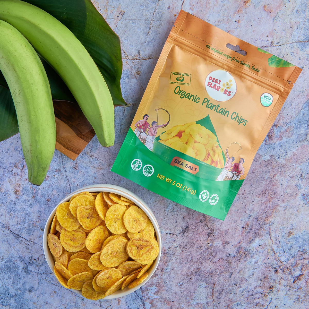 Desi Flavors plantain chips coconut oil frying — premium taste from coconut oil.