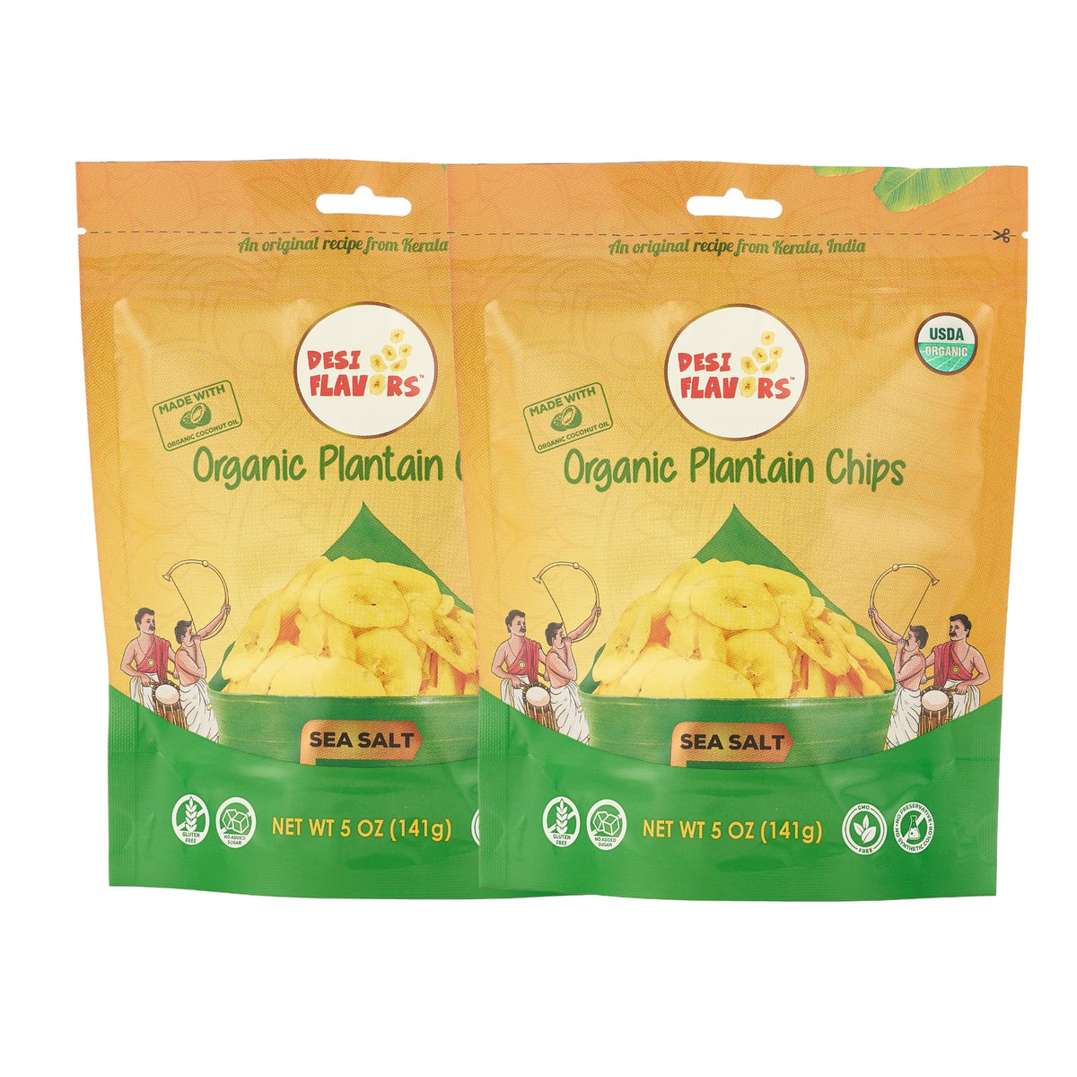 Desi Flavors sea salt plantain chips bag — crisp, gluten-free snack for on-the-go cravings.