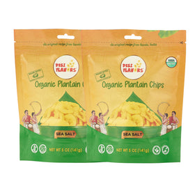 Desi Flavors sea salt plantain chips bag — crisp, gluten-free snack for on-the-go cravings.