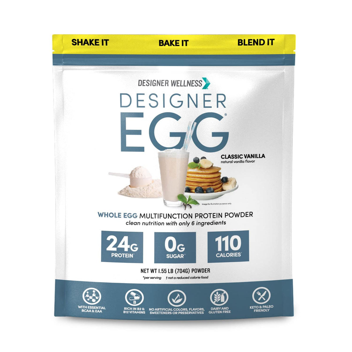 Designer Wellness Designer Egg vanilla bottle with scoop for quick, high protein nutrition.