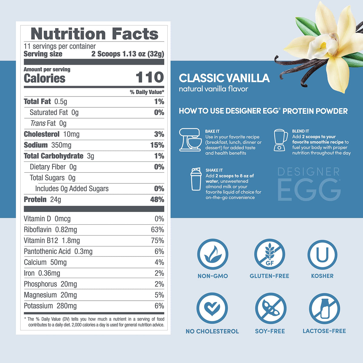 Designer Wellness Designer Egg vanilla made in USA facility signals trusted production.