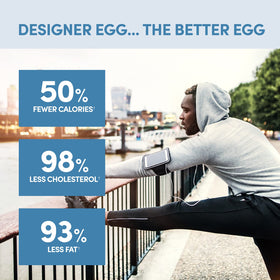 Designer Wellness Designer Egg vanilla shake pouring into a glass demonstrates easy prep.