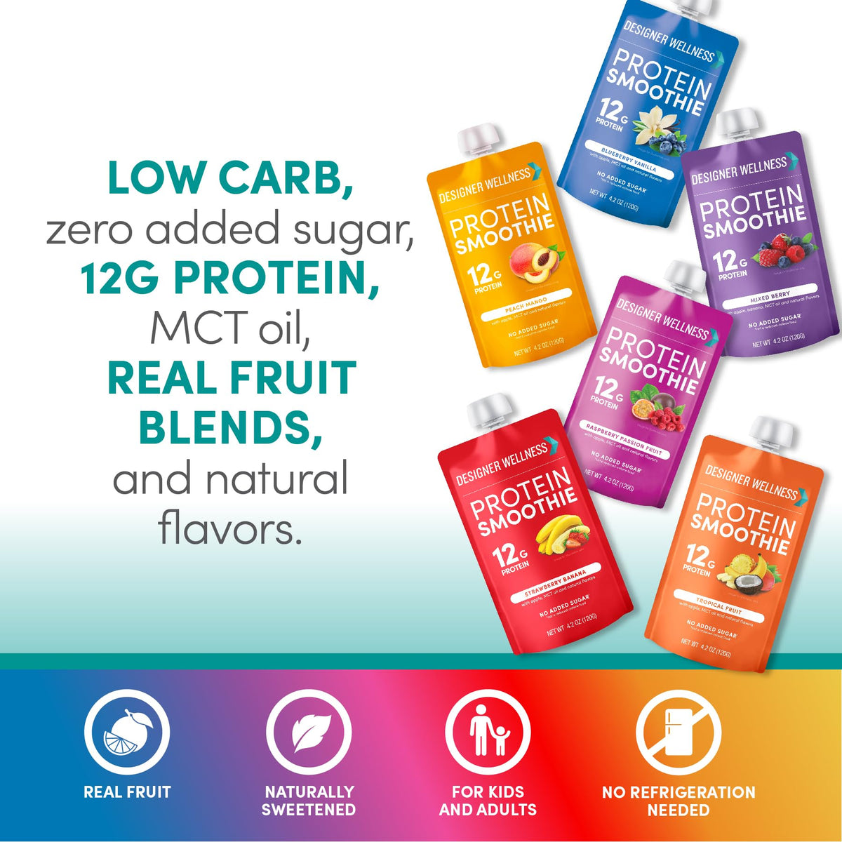 Designer Wellness low-carb smoothie nutrition label emphasizes light, satisfying snack