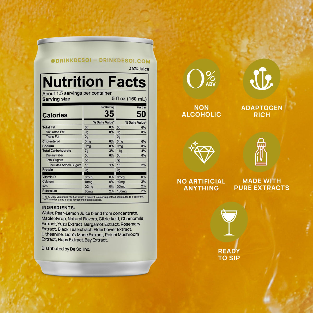 De Soi Adaptogen Drink closeup with L-theanine and mushrooms, a potential calm focus moment.