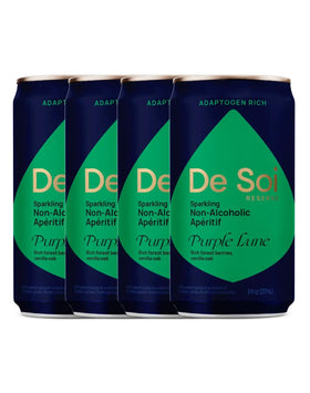 De Soi Purple Lune bottle side shows premium non-alcoholic indulgence for mindful evenings.
