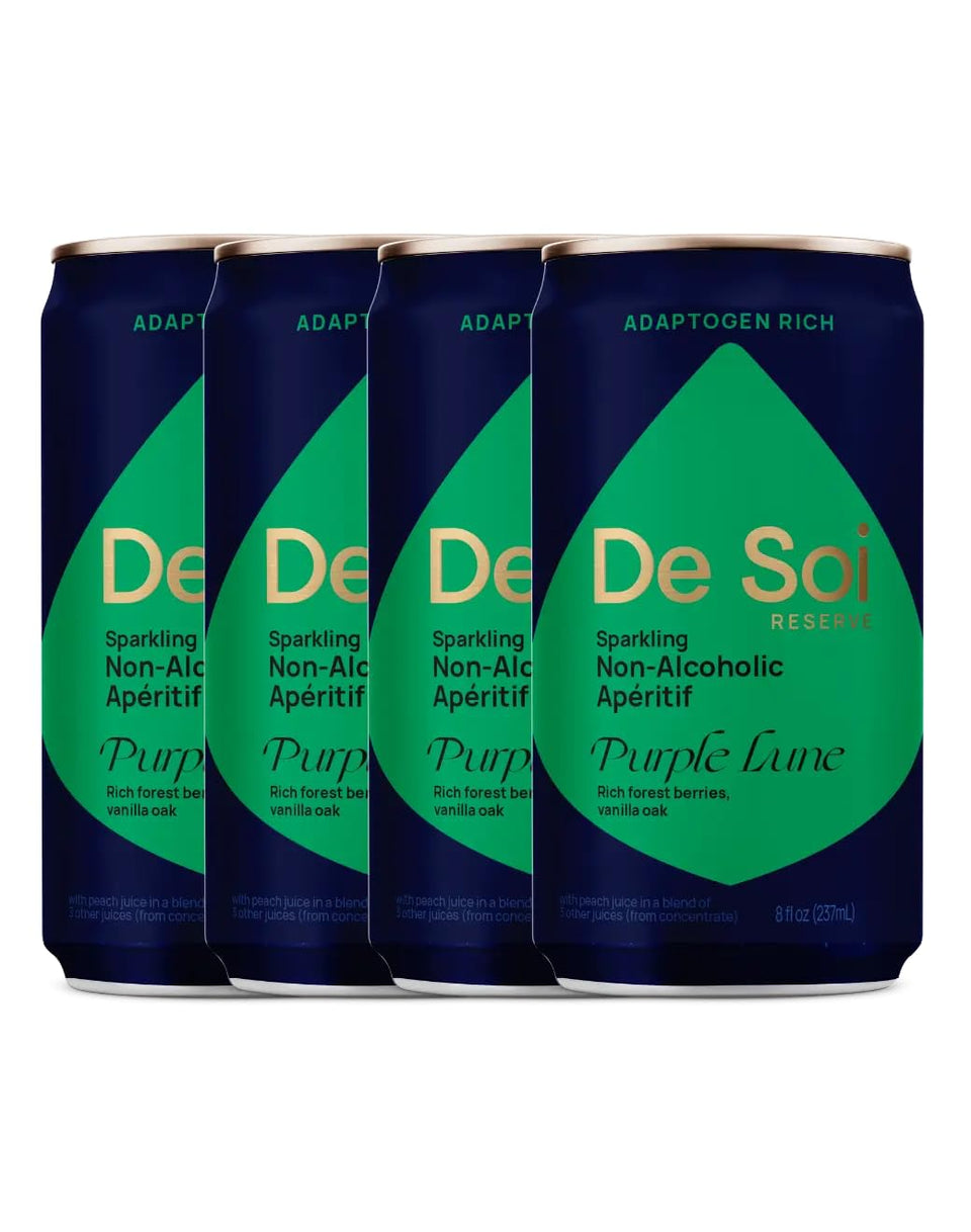 De Soi Purple Lune bottle side shows premium non-alcoholic indulgence for mindful evenings.
