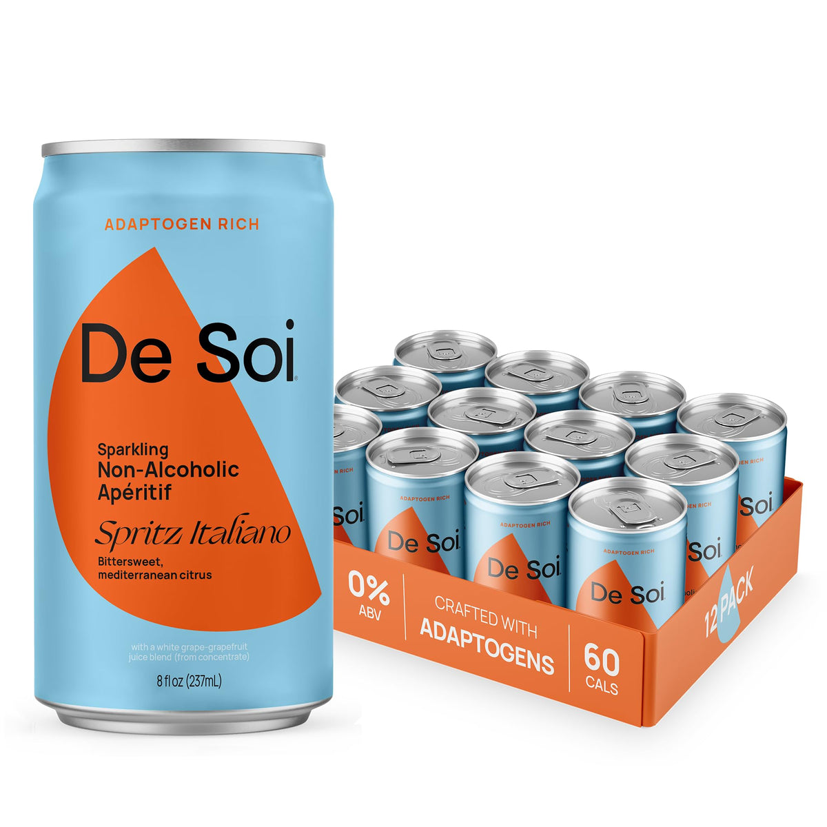 De Soi Spritz Italiano can showcases citrus-forward flavor for a refreshing non-alcoholic drink