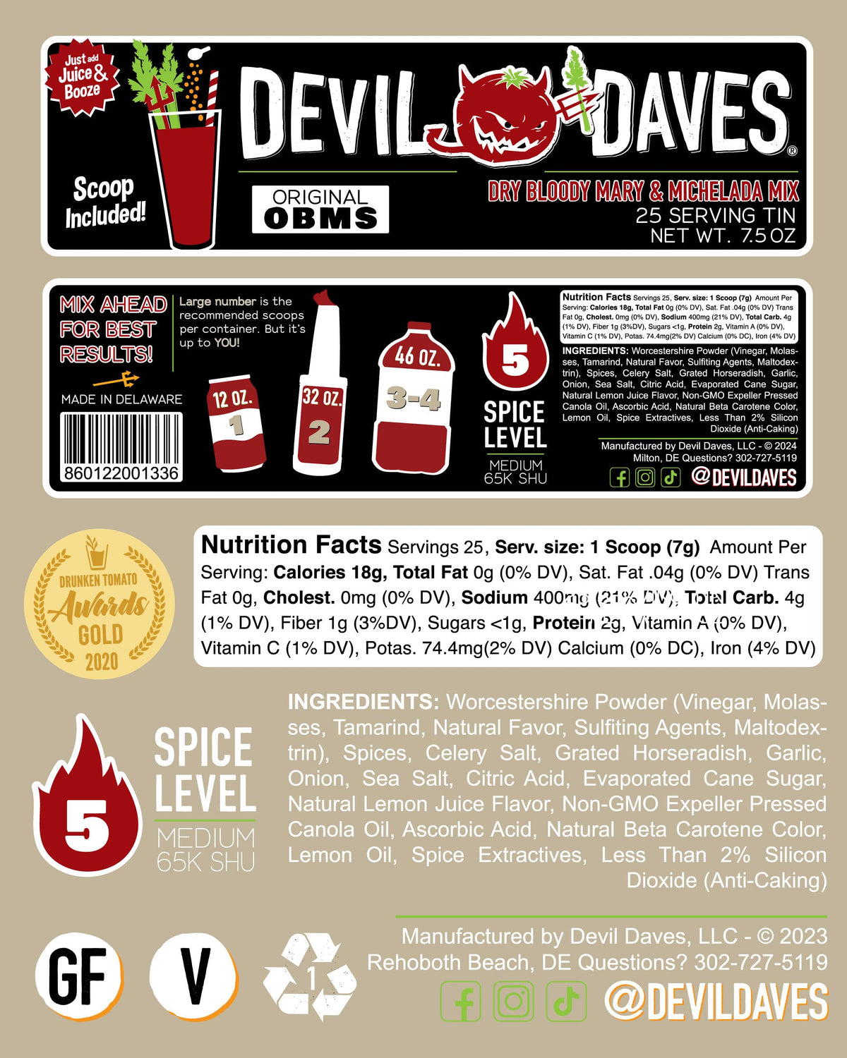Scoop included in Devil Daves tub for precise 25-serving portions.