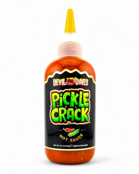 Devil Daves Dill Pickle Hot Sauce bottle with snip-pour design for mess-free pouring.