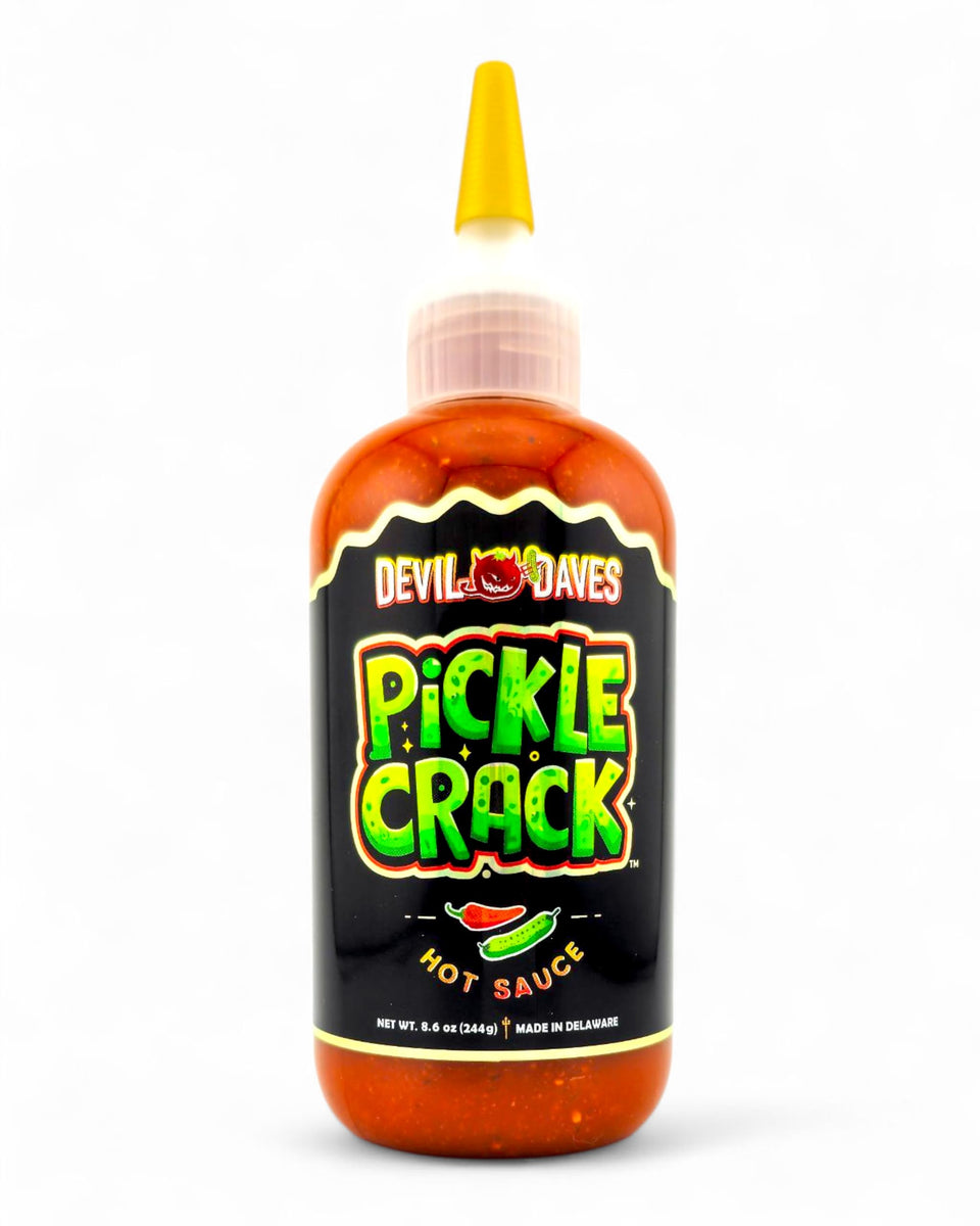 Devil Daves Dill Pickle Hot Sauce bottle with snip-pour design for mess-free pouring.