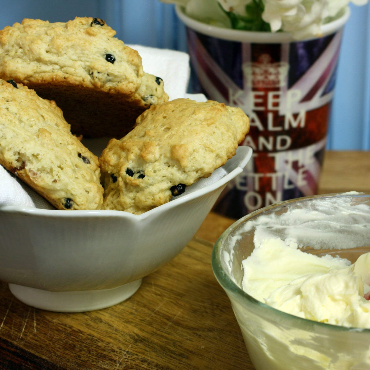 Close-up of 55% butterfat clotted cream; rich, spreadable texture for generous dollops.