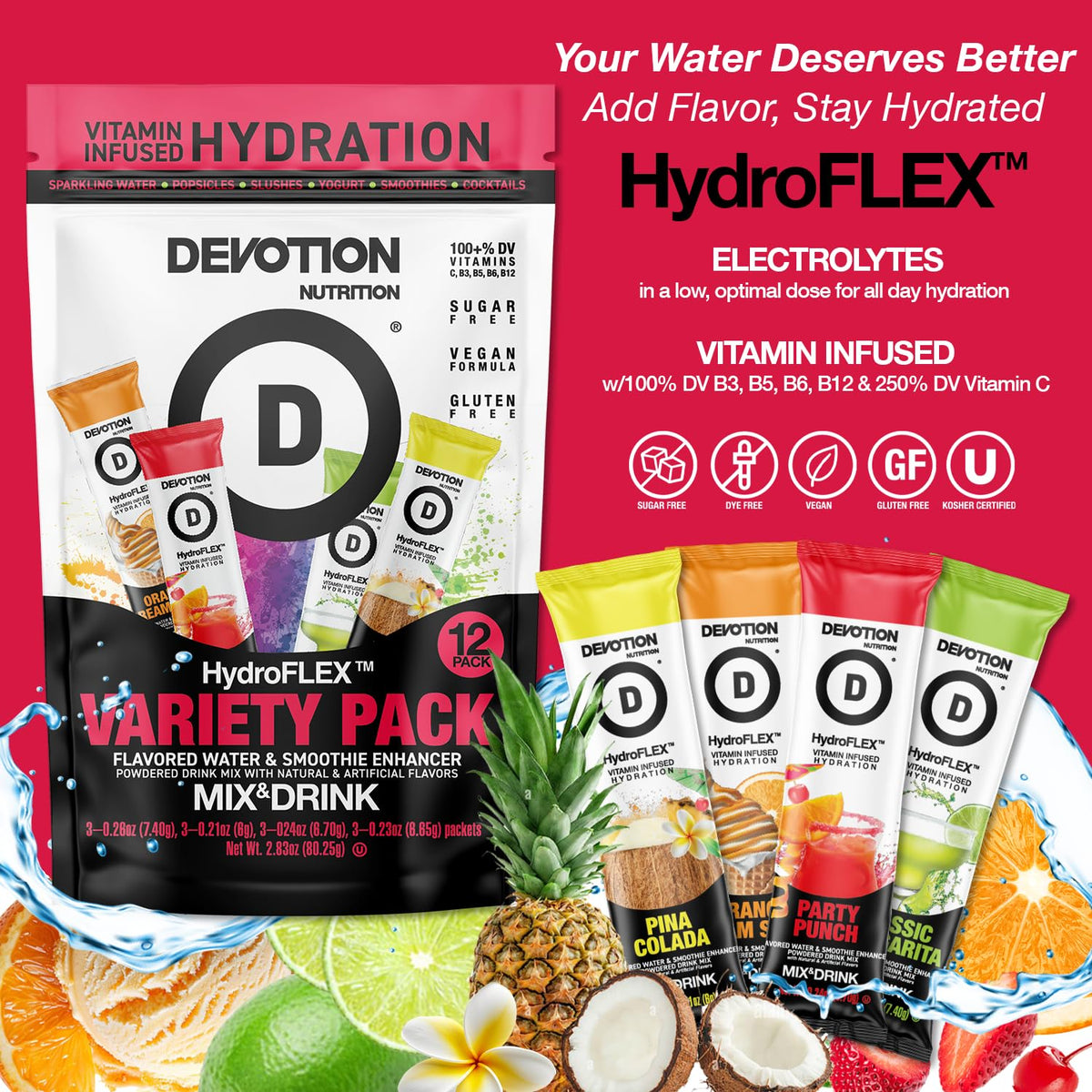 Devotion HydroFLEX packet pouring into a glass for flavorful hydration.