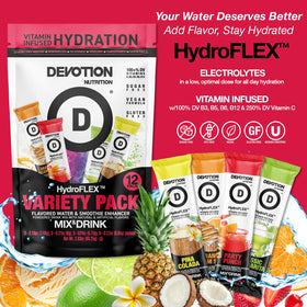 Devotion HydroFLEX packet pouring into a glass for flavorful hydration.