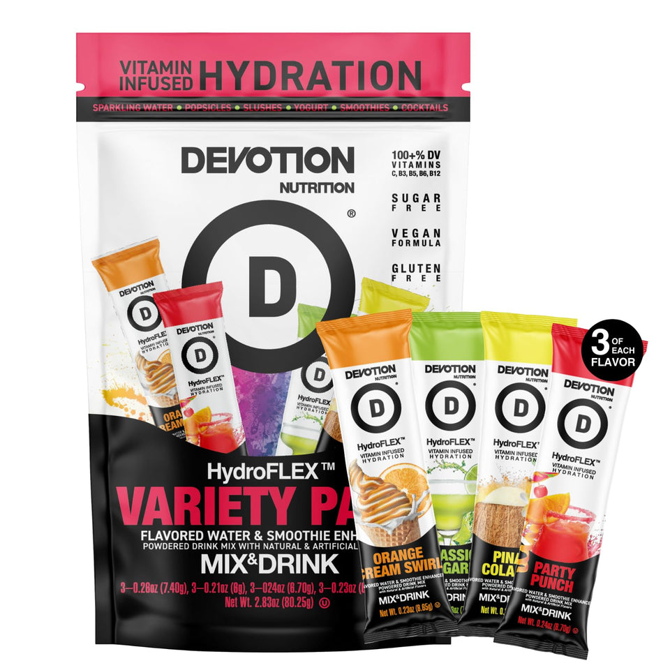 Devotion HydroFLEX packets in packaging, ready to mix for on-the-go hydration.