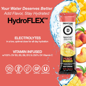 Devotion HydroFLEX Peach Mango on-the-go pack beside water bottle for convenient hydration