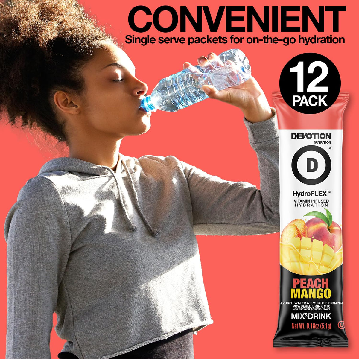Devotion HydroFLEX Peach Mango stirred into sparkling water for flavor and hydration