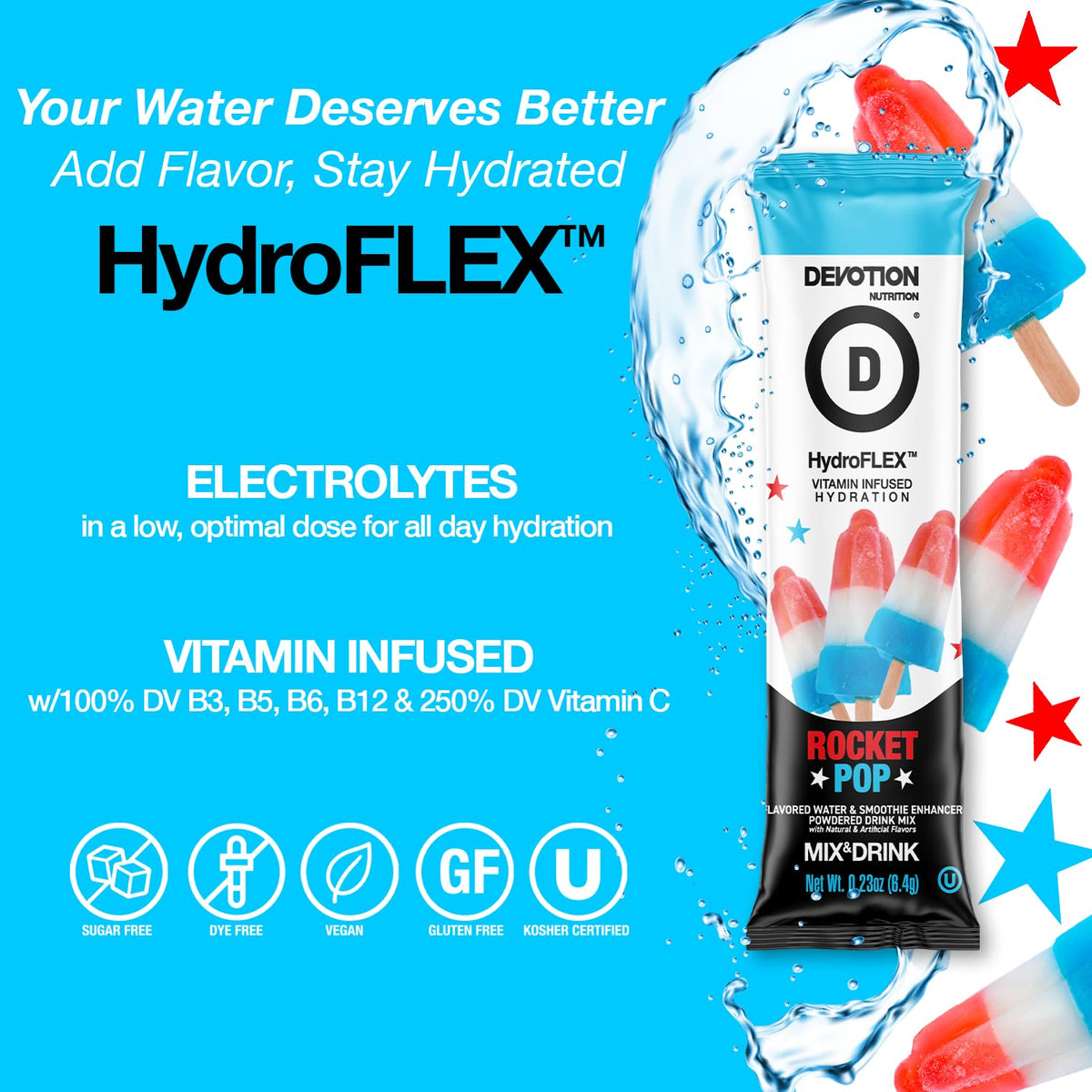 Devotion HydroFLEX Rocket Pop packets dissolving in water for flavor.