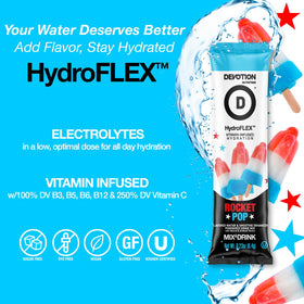 Devotion HydroFLEX Rocket Pop packets dissolving in water for flavor.