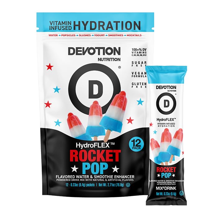 Devotion HydroFLEX Rocket Pop packets ready for on-the-go hydration.